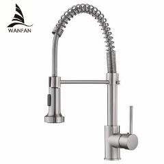 Kitchen Faucets Brush Brass Faucets for Kitchen Sink  Single Lever Pull Out Spring Spout Mixers Tap Hot Cold Water Crane 9009