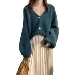 New Oversize Women's Sweaters Autumn Winter fashionable Casual Blue V-Neck Cardigans Single Breasted Puff Sleeve Loose Cardigan