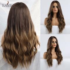 EASIHAIR Long Brown Ombre Wigs Synthetic Wigs for Black Women Natural Hair Wavy Cosplay Wigs Heat Resistant Daily Wig