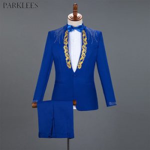 Diamond Royal Blue Men Suit Set Gold Embroidered Wedding Mens Slim Fit Tuxedo Mens Suits with Pants Prom Show Stage Costume Male