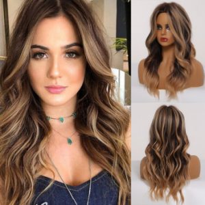 LOUIS FERRE Medium Synthetic Wavy Wigs Ombre Black Brown Wig with Light Brwon Highlights Women Middle Part Heat Resistant Fiber