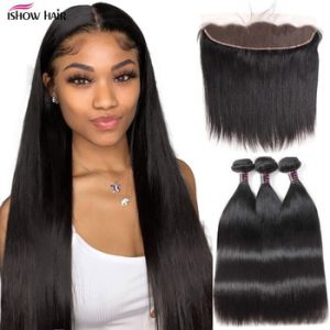 Ishow Bone Straight Human Hair Bundles with Frontal HD Lace Frontal Closure with Bundle Malaysian Straight Bundles with Frontal