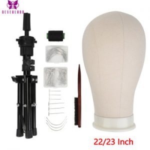 22/23''Training Mannequin Head Canvas Block Head Display Styling Manikin Head Wig Stand with T Pins Needles with Tripod and Comb