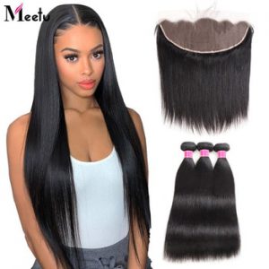 Meetu 13x4 Frontal with Bundles Malaysian Straight Hair bundles with Frontal Non remy 4X4 Lace Closure with bundles Human hair