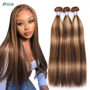 Allove Brown And Blonde Highlight Bundles Bone Straight Human Hair Bundles P4/27 Ombre Bundles Remy Brazilian Hair Weave Bundles