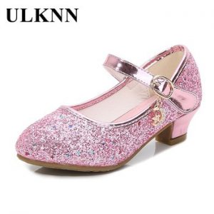 ULKNN Kids High Heel Shoes Girls Leather Shoes Flower Casual Pink Glitter Children 2021 Girls Shoes Butterfly Knot size 26-38