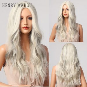 HENRY MARGU Mix Blonde White Gray Wavy Wigs Long Middle Part Costume Cosplay Party Synthetic Wigs for Women Afro Heat Resistant