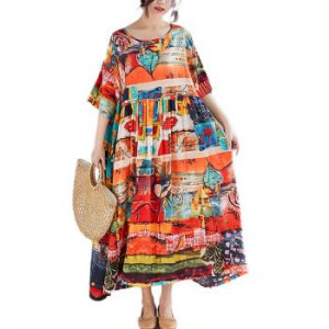 DIMANAF Plus Size Women Print Dress Summer Sundress Cotton Female Lady Vestidos Loose Casual Holiday Maxi Dress Big Size 5XL 6XL