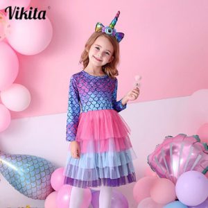 VIKITA Kids Tutu Dress for Girls Long Sleeve Party Prom Vestidos Toddlers Mermaid Unicorn Dresses Kids Princess Autumn Dress