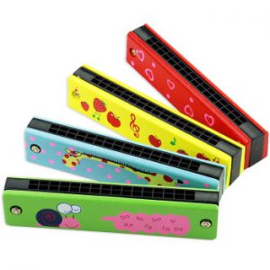 16 Holes Children Harmonica Wooden Double Row Blowable Harmonica Cute Cartoon Pattern Beginner Kids Musical Educational Toys