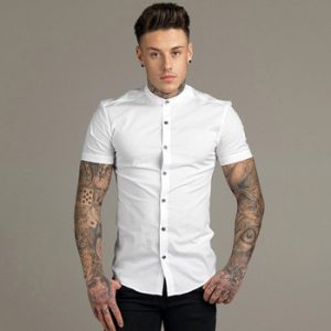 New Summer Men Fashion Short Sleeve Solid Shirt Slim Fit Male Social Business Dress Shirt Brand Mens Gym Fitness Sports Clothing