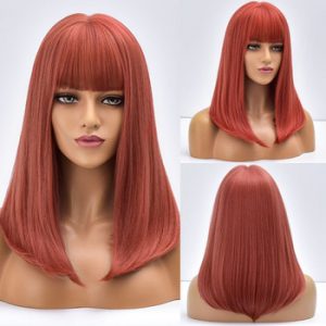 Red Long Ombre Daily Heat Resistant Natural Straight Synthetic Wig With Bangs Fiber For Black White Women Hair Cosplay Wigs