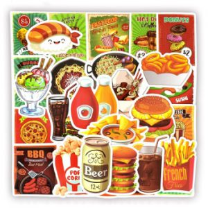 50 PCS Tasty Fast Food Stickers Toys for Children Hamburger Fries Pizza Decal Sticker Toy Gift to DIY Car Fridge Laptop Suitcase