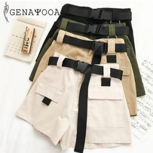 Genayooa Streetwear Shorts Women Fitness Korean Summer 2020 Woman High Waist Wide Leg Cargo Women's Shorts Feminino Pocket