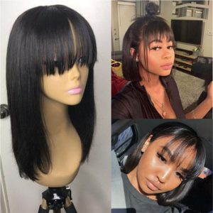 Remy Human Hair Wigs With Bangs Straight Hair Bob Wig 8-16" Natural Black Color Short Human Hair Wigs For Black Women