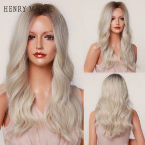 HENRY MARGU Long Ombre Brown Platinum Blonde Wigs Middle Part Wavy Synthetic Wigs for Women Heat Resistant Cosplay Party Wigs