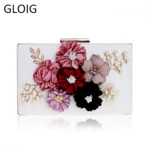 Pu Women Bag Flower Beaded Lady Clutch Bag Metal Gold Evening Bag Wedding Party Chain Shoulder Handbags Phone/key Pocket