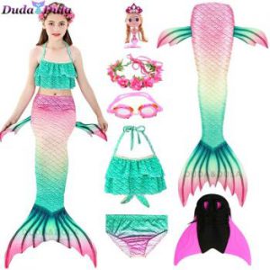 Fancy Mermaid tails with monofin mermaid costumes kids with Fins Monofin and Garland baby girl beach wear Ariel cosplay customes