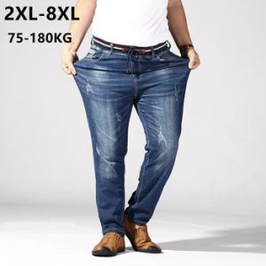 Men's Jeans Large Size Elastic Band High Waist Straight Jean Stretch Big Clothing Denim Fabric Trouser Male Long Plus Size Pants