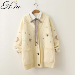 H.SA 2019 Women Winter Sweater Knitting Cardigans V neck Stars Moon Embroidery Long Sweater Jacket Pink Christmas Cardigans