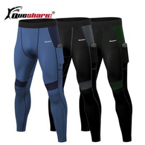 Queshark Professional Men Patchwork Compression Running Tights Trousers Phone Pocket Elastic Leggings Fitness Training Long Pant