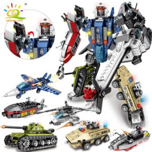 HUIQIBAO 733pcs 6in1 Transformation Robot Building Block Military Tank Helicopter Boat War Warrior Creator Bricks For Children