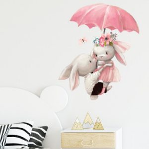 Couple Rabbit Under Umbrella Wall Sticker For Kids Room Baby Bedroom Living Room House Decoration Removable Mural Bunny Stickers