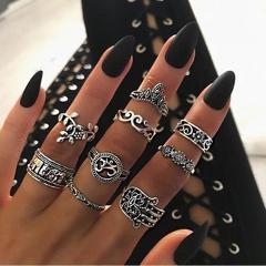 Tocona 9pcs/set Boho Midi Finger Rings Set for Women Punk Elephant Flower Hollow Out Sliver Knuckle Rings Jewelry Gift 4618