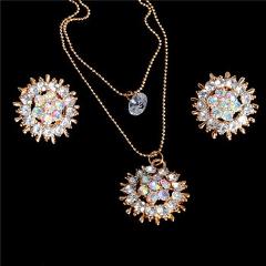 Exquisite Full CZ Crystal Pendants Necklace Earrings Sets 2 Layer Gold Color Jewelry Sets with Stud Earrings