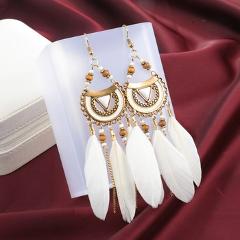 Bohemian Acrylic Feather Drop Earrings Boho Beads Long Tassel Earrings for Women White Feather Brincos Bijoux