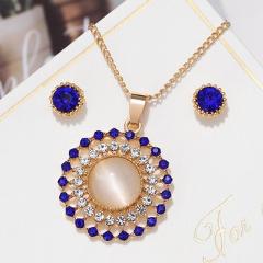 New Design Round OPal Jewelry Sets Necklace Earrings Set for Women Gold Color Hollow Circle Pendants Crystal Earrinsg Studs
