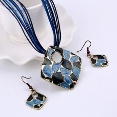 Vintage Wedding Jewelry Sets For Women Multi Layers Leather Rope Necklace Dangle Earring Sets 2Pcs Leopard Pendant Sets