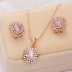 Luxury Square Rhinestone Wedding Jewelry Sets For Bridesmaids Full Crystal Long Chain Pink Stone Necklaces& Pendants Earring Set