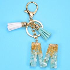 MINHIN Vintage Resin Letter A-Z Keychain Gold Green Gradient Color for Women Car Bag Key Ring Pendant Gift