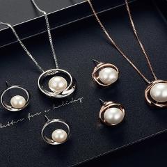 Women Jewerly Set Faux Pearl Round Pendant Necklace Stud Earrings Wedding Party Jewelry Set boucle oreille femme серьги