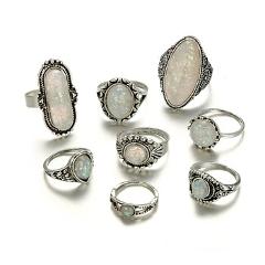 Tocona 8pcs/Set Vintage Antique Silver Color Rings Sets Colorful Opal Stone Carve for Women Men Bohemian Jewelry Anillos 6421