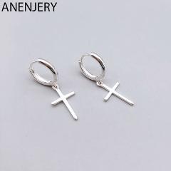 ANENJERY Personality Cross Pendant Hoop Earring Silver Color Hypoallergenic Ear Jewelry For Women Men Gifts S-E1102