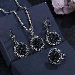 Women Charming Jewelry Sets Black Rhinestone Party Jewelry Sets Chain Round Stone Pendant Necklace Earrings Ring